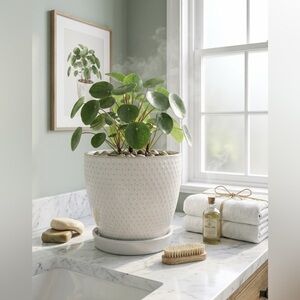 White Ceramic Barrel Planter with Attached Saucer, 6 Inch Textured